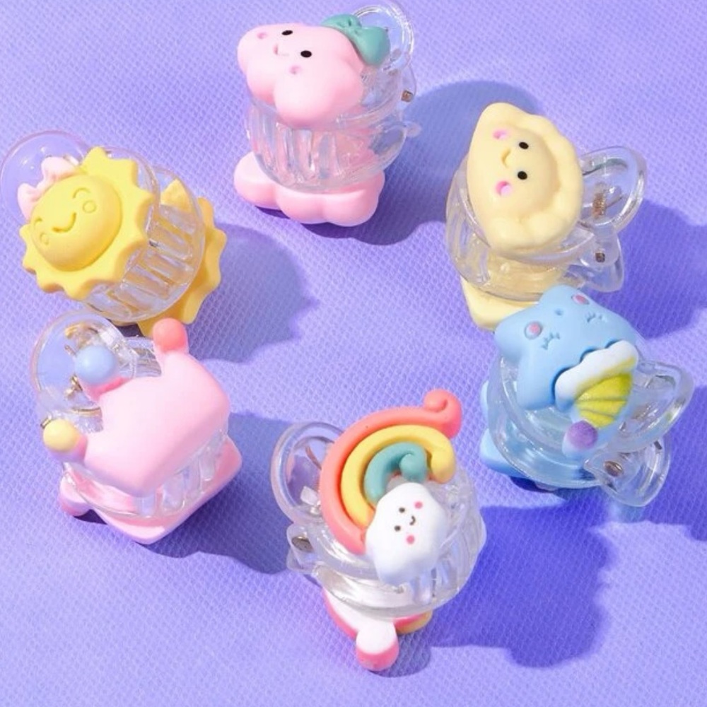 6 cute kawaii cartoon hair claw clips sun ☀️ star ⭐️ pie rainbow 🌈cloud & crown